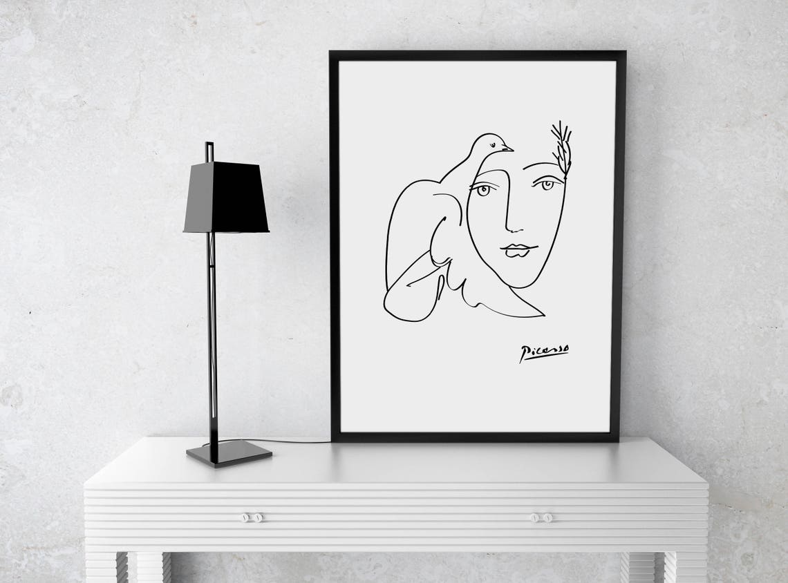 Picasso Style One Line Drawing Dove and Woman Face Sketch Poster - Image 2