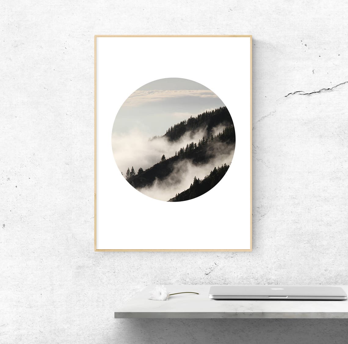 Foggy Forest Mountain Slope Framed in a Soft Circle Nature Poster - Image 2