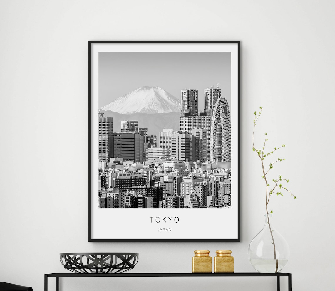 Tokyo Japan Skyline Mount Fuji Black and White Photography Art Poster