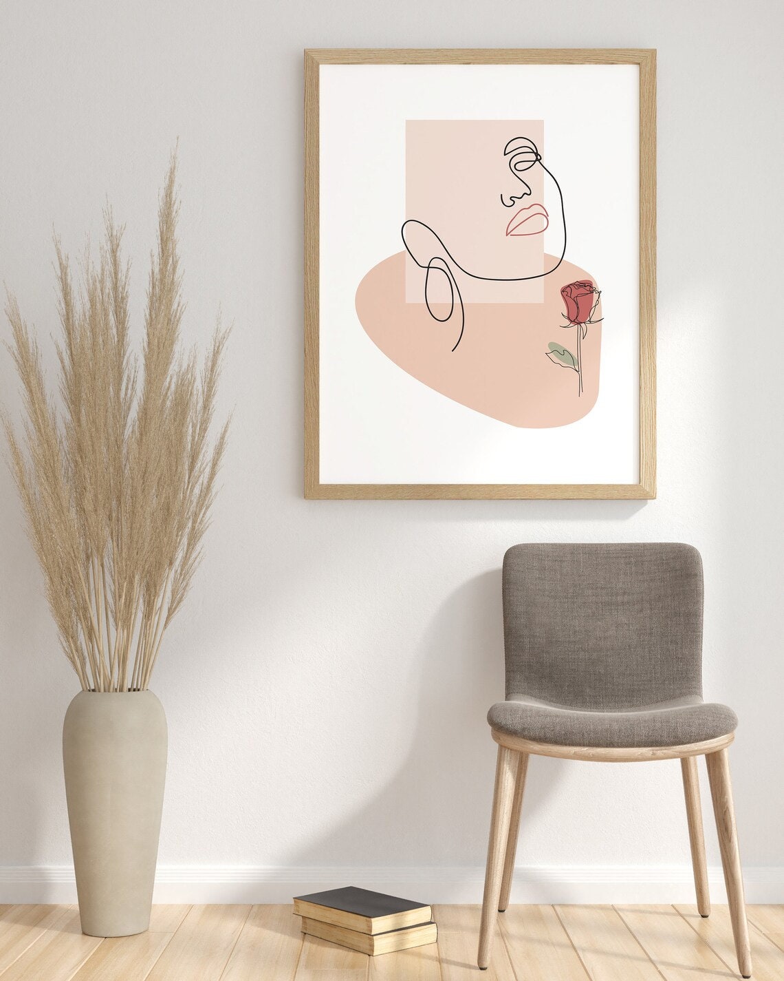 One Line Woman Face Red Rose Minimalist Boho Chic Art Poster - Image 3