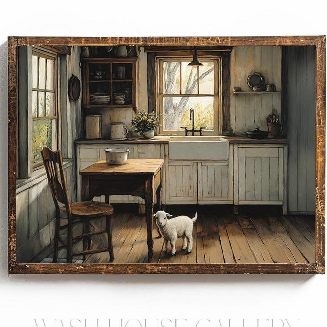 Vintage Farmhouse Kitchen Interior With Lamb Primitive Style Poster
