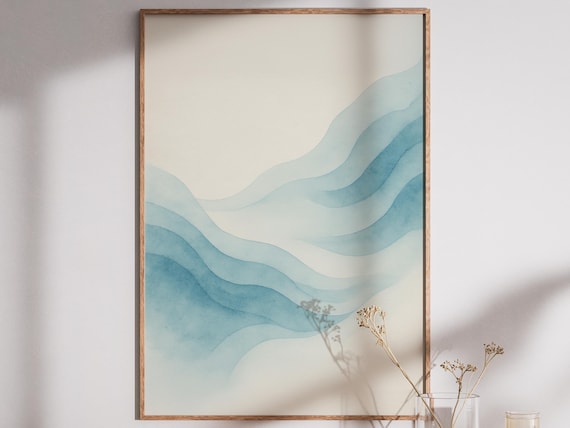 Breathe Mindfulness Wall Art Water Element Meditation Print Calming Blue Watercolor Yoga Studio Decor Zen