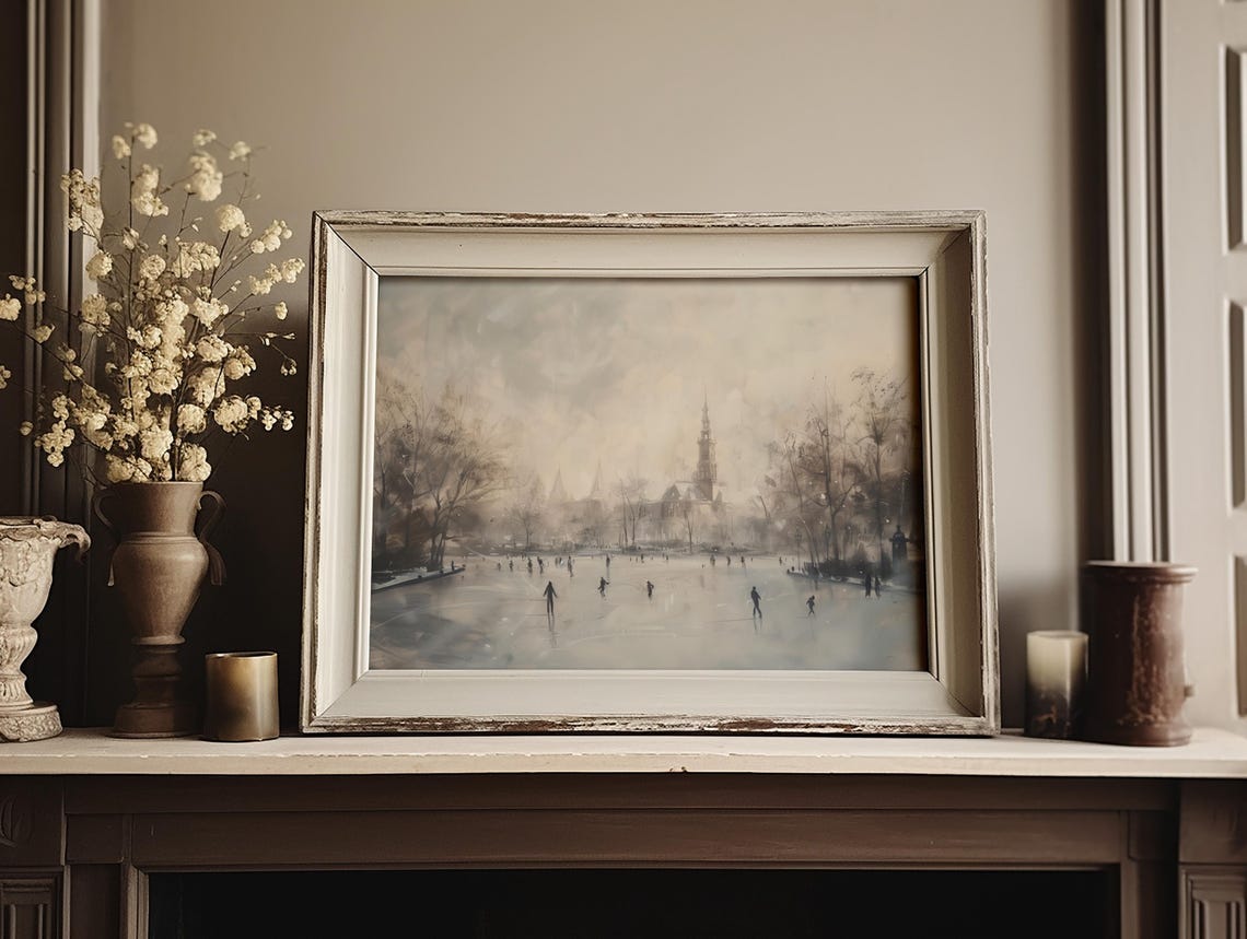 Victorian Ice Skaters On A Frozen Pond Winter Painting Poster - Image 3