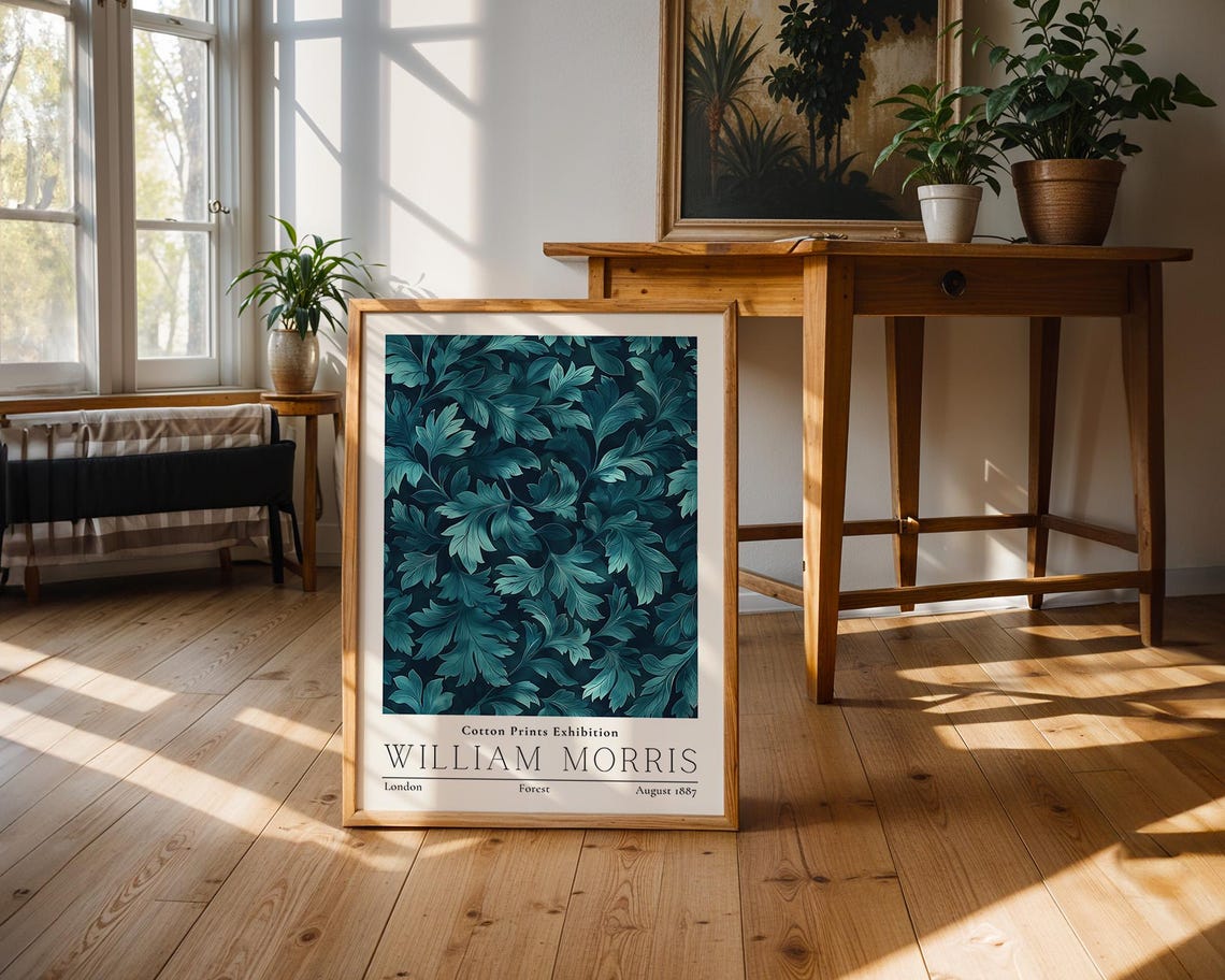 William Morris Forest Teal Leaf Vintage Cotton Exhibition Poster - Image 2