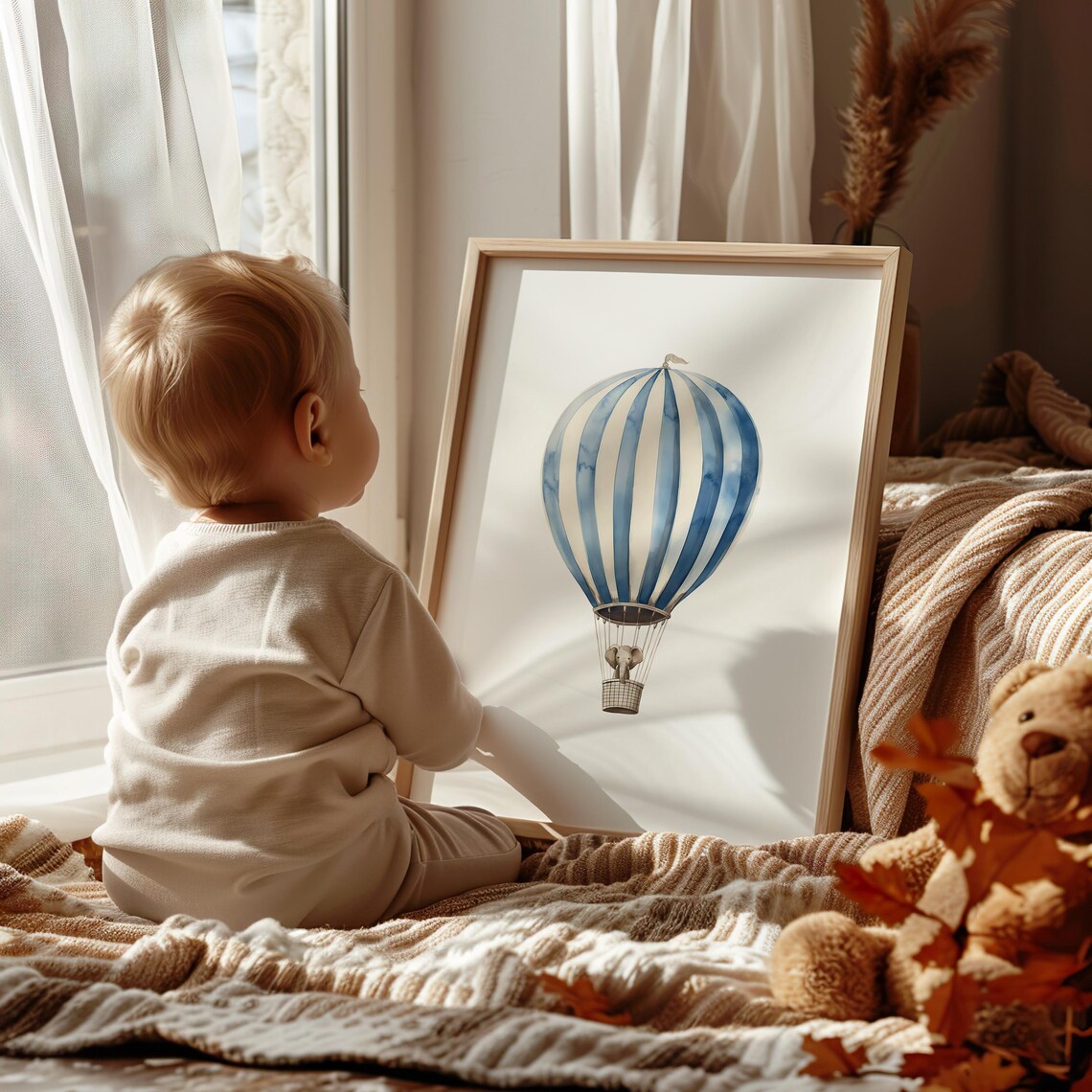 Blue and White Hot Air Balloon with Baby Elephant Watercolor Poster - Image 2