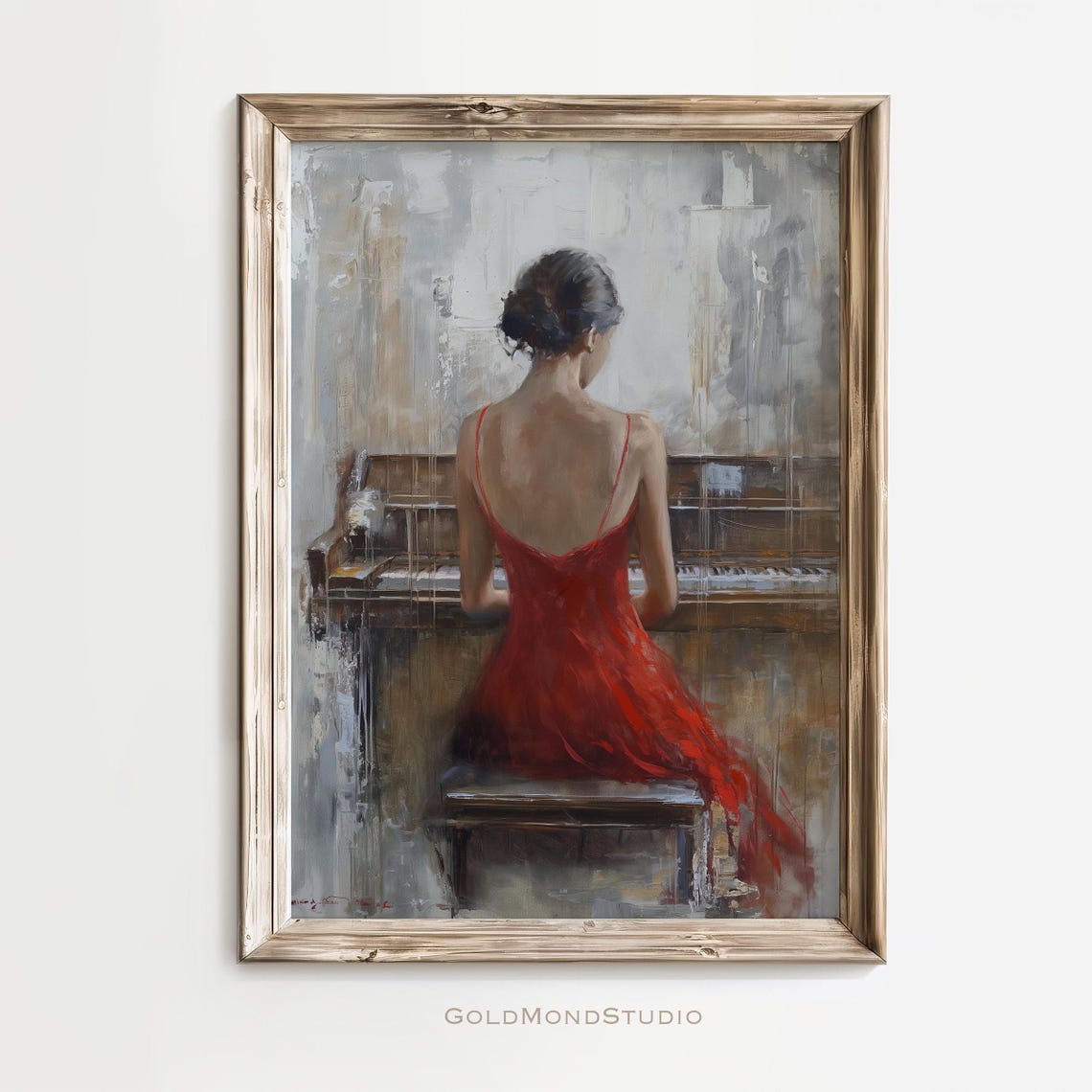 Elegant Woman In Red Dress Playing Piano Impressionist Poster
