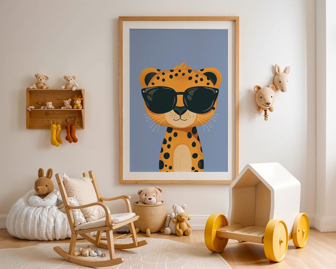 Cute Baby Cheetah Cub with Oversized Sunglasses on Blue Poster - Image 2