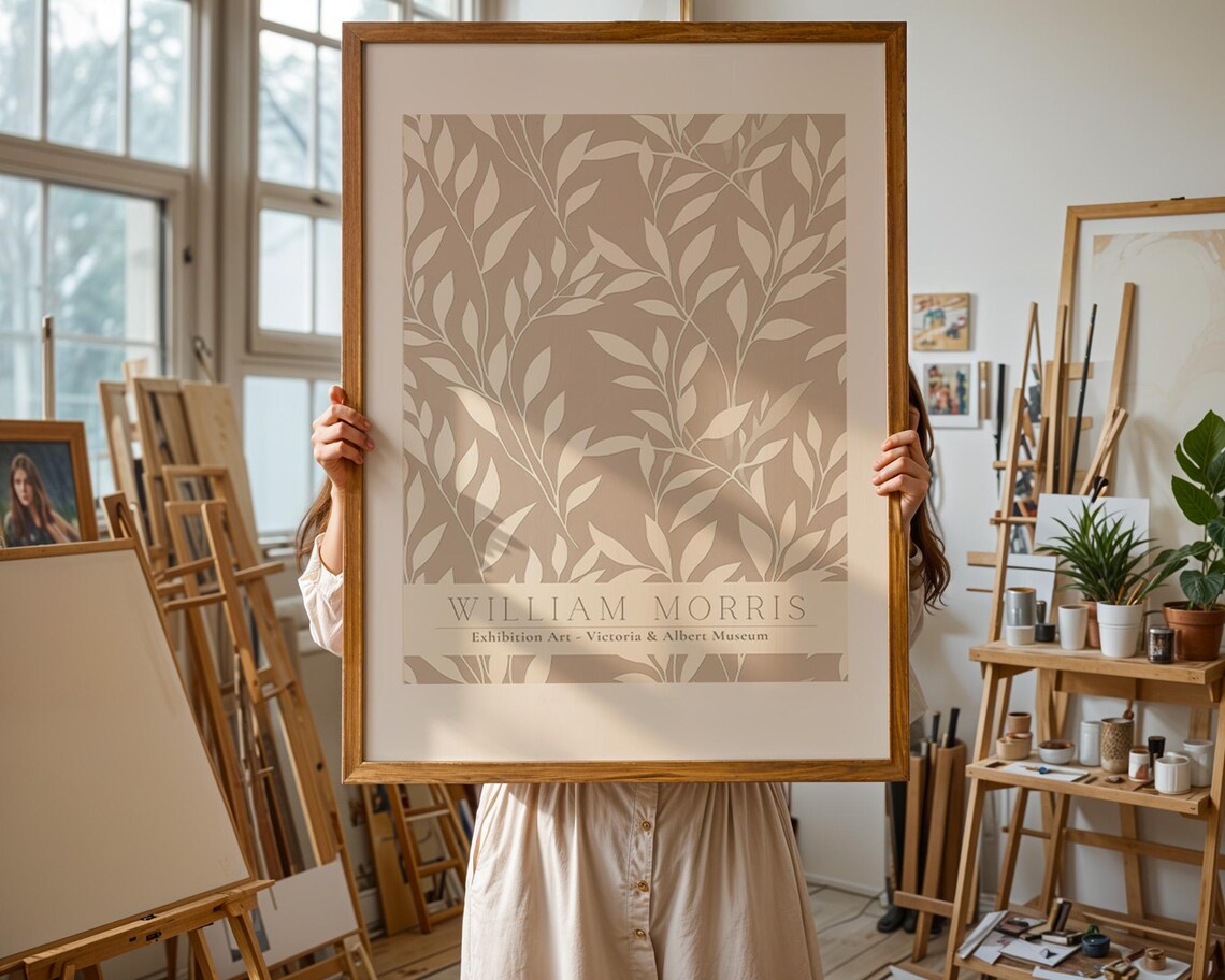 William Morris Taupe Cream Leaves Victoria and Albert Museum Poster - Image 2