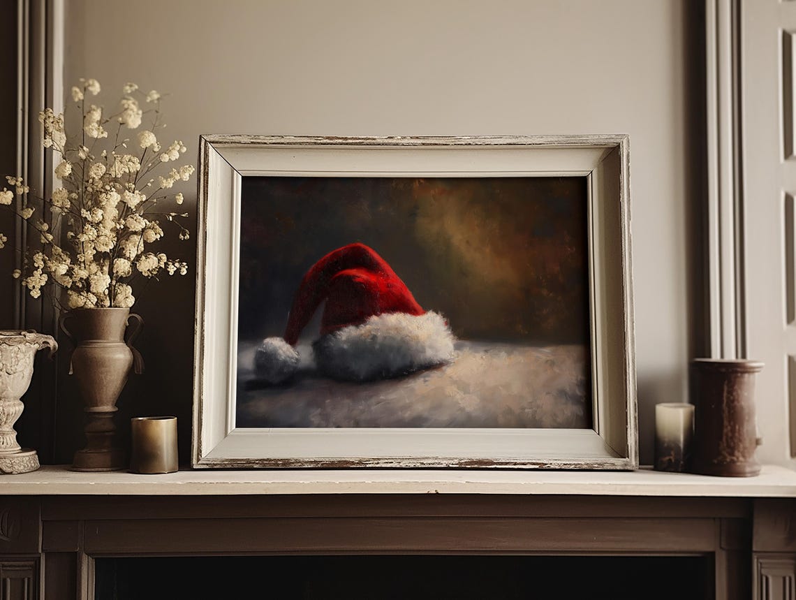 Vintage Red Santa Hat Still Life Dark Christmas Painting Poster - Image 2