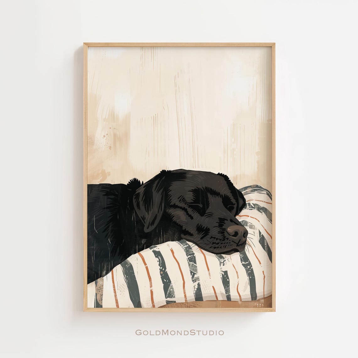 Sleeping Black Labrador Dog On Striped Pillow Vintage Art Poster