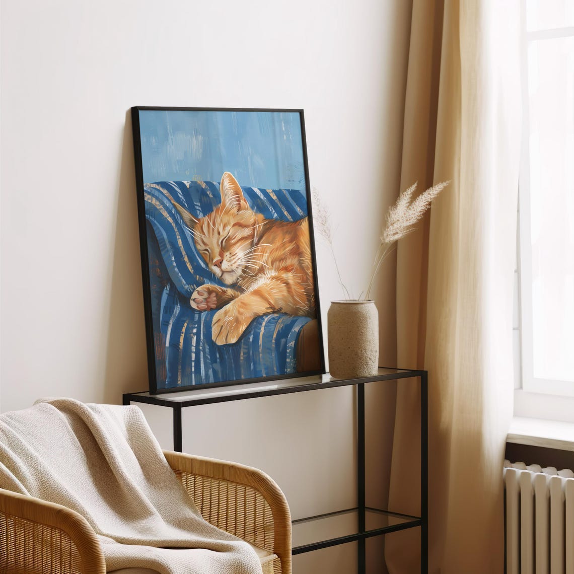 Sleeping Orange Tabby Cat On Blue Striped Pillow Decor Poster - Image 3