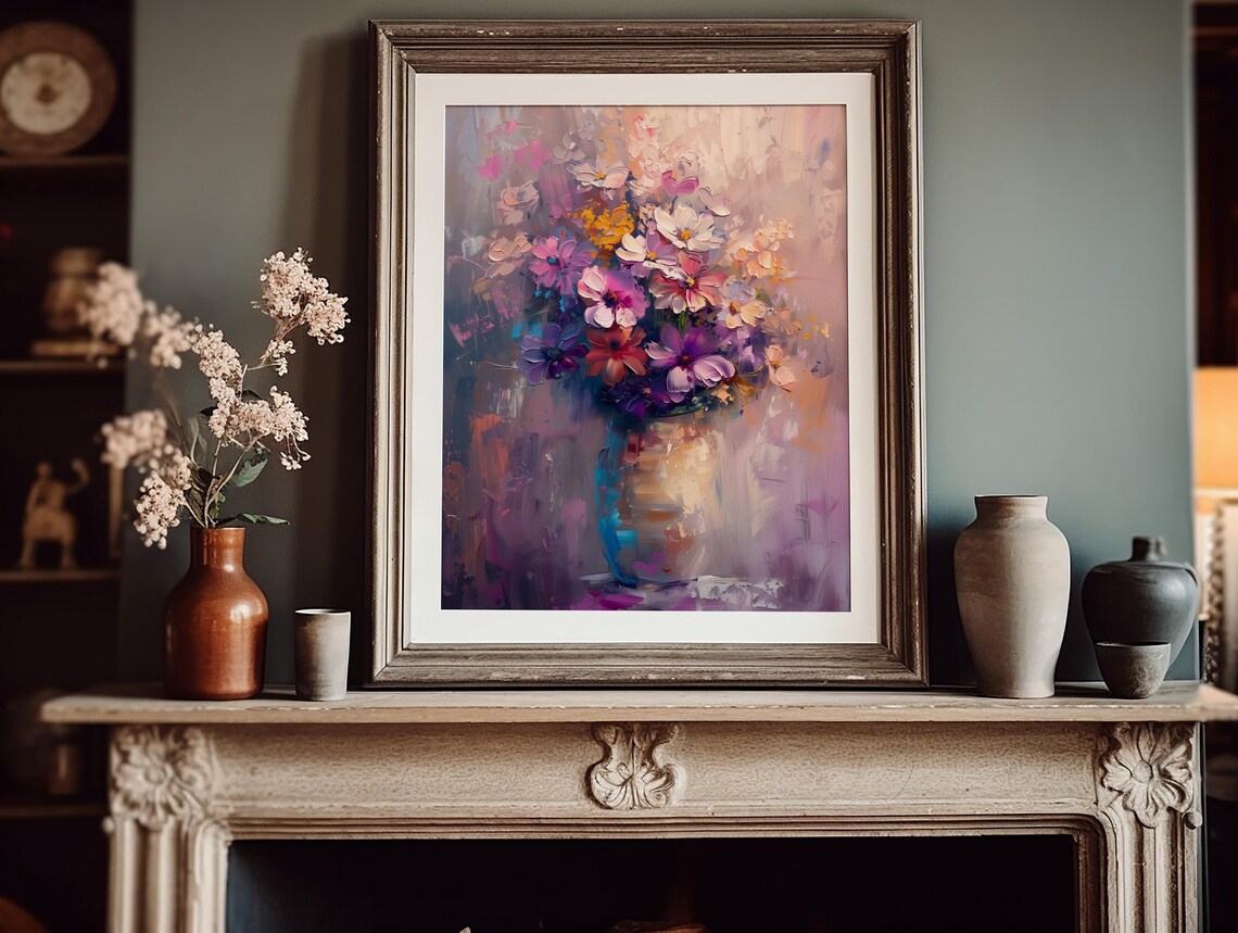 Purple and Pink Cosmos Bouquet in Thick Impasto Oil Painting Poster - Image 3