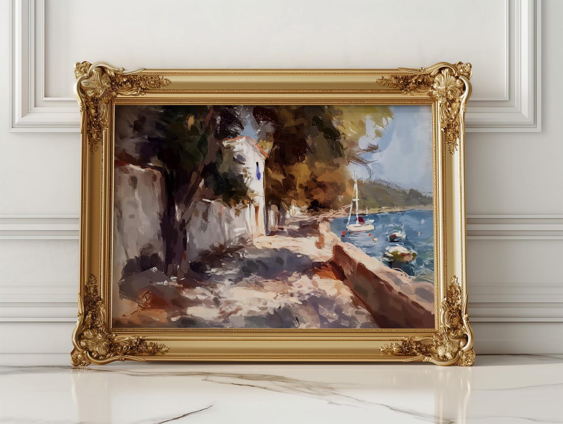 Mediterranean Coastal Promenade Harbor Sailboat Painting Poster - Image 2