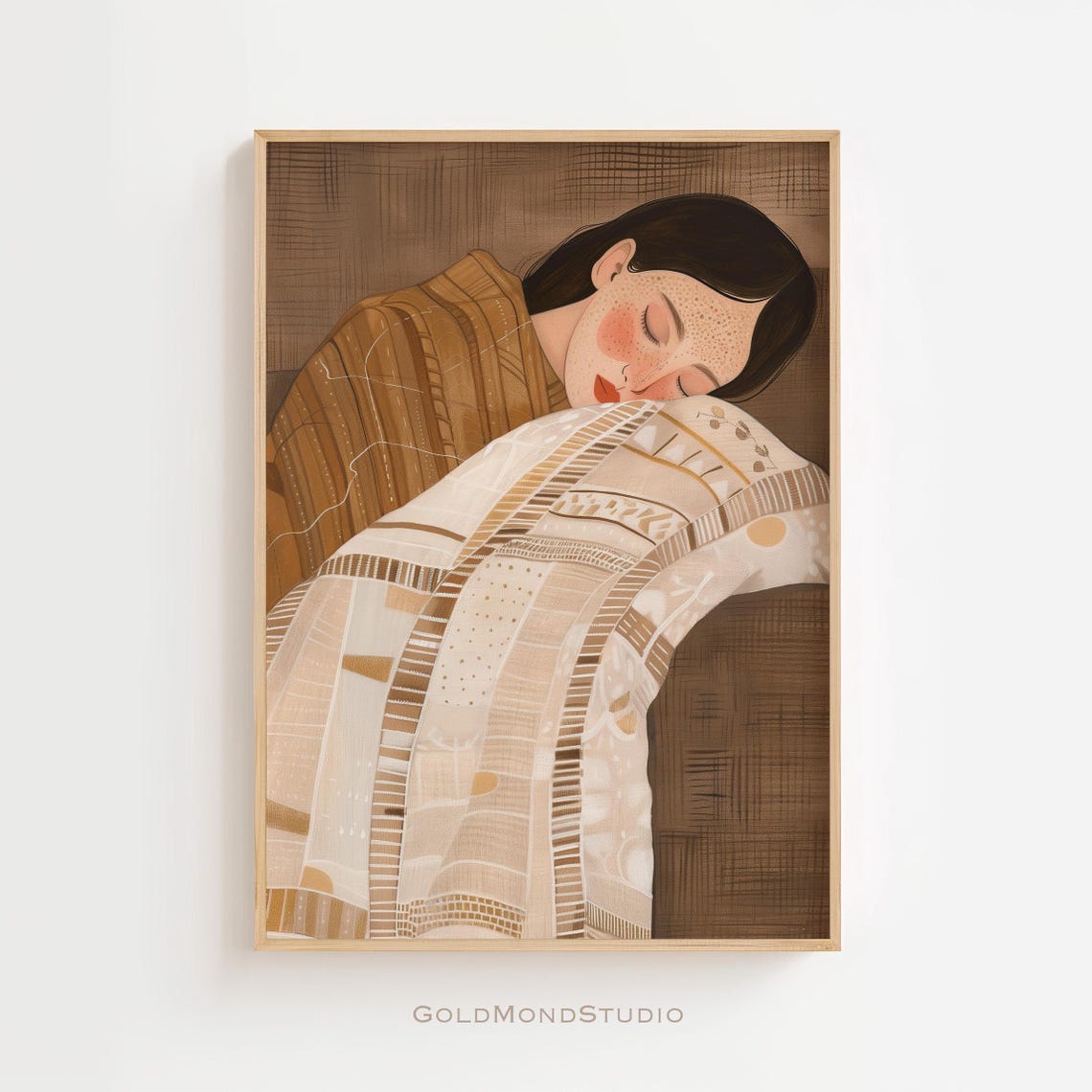 Sleeping Woman In Brown Patterned Top Wrapped Cozy Art Poster