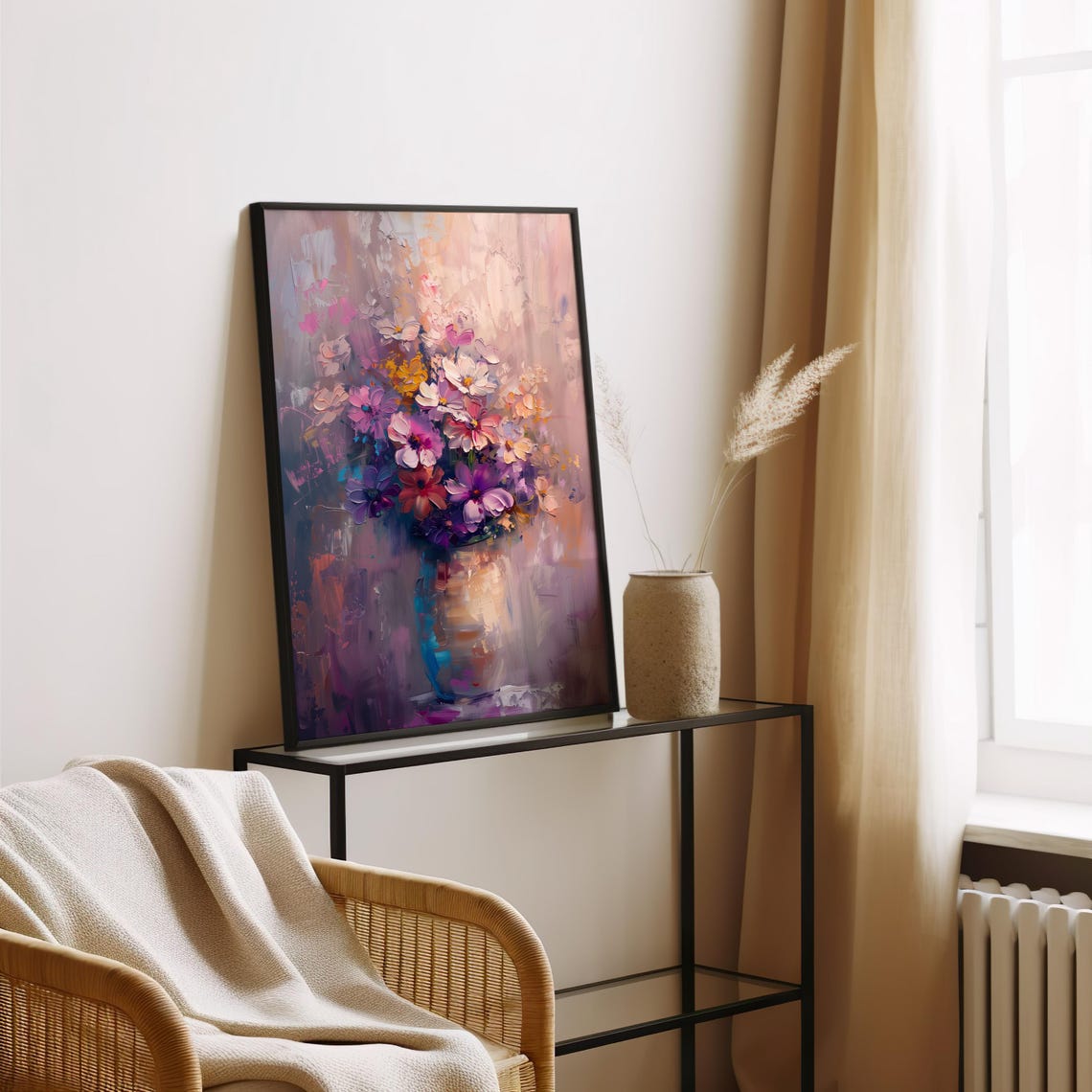 Purple and Pink Cosmos Bouquet in Thick Impasto Oil Painting Poster - Image 2