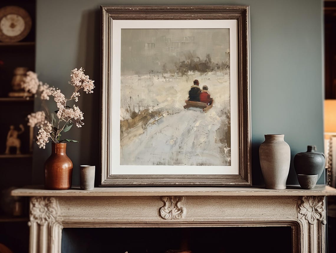 Two Children On Wooden Sled Crossing Snowy Field Vintage Poster - Image 3