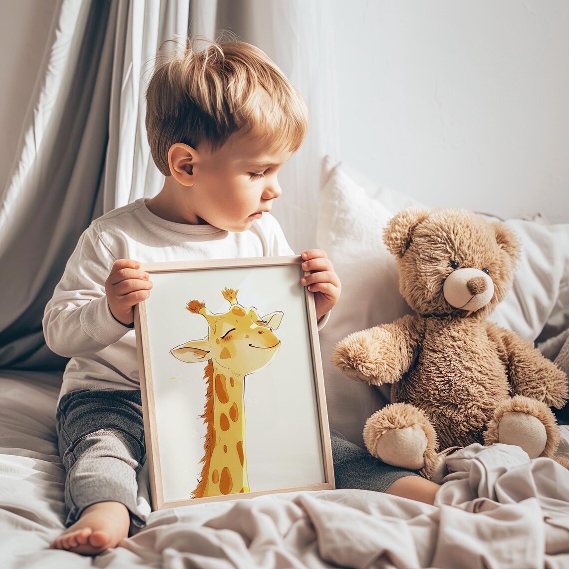 Smiling Baby Giraffe Portrait in Cute Cartoon Watercolor Style Poster - Image 2