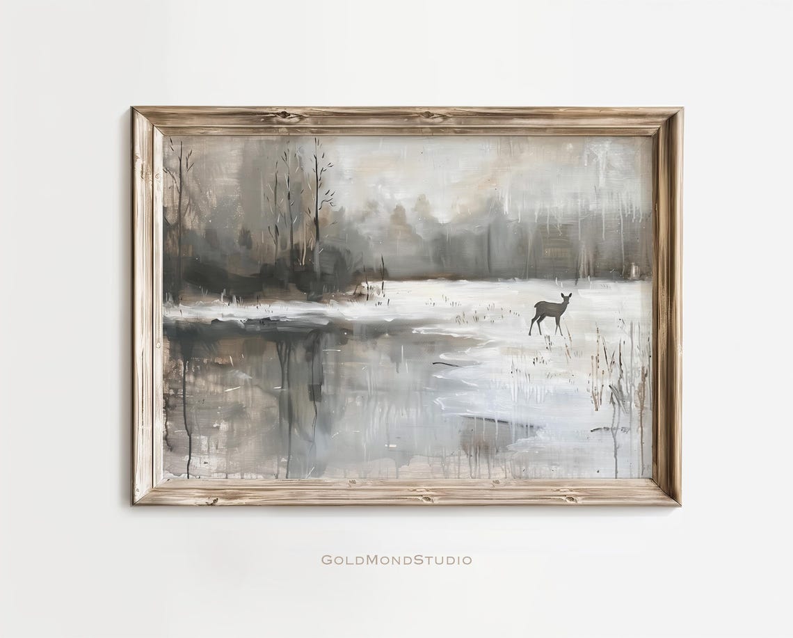 Solitary Deer By A Frozen Lake In Snowy Forest Painting Poster