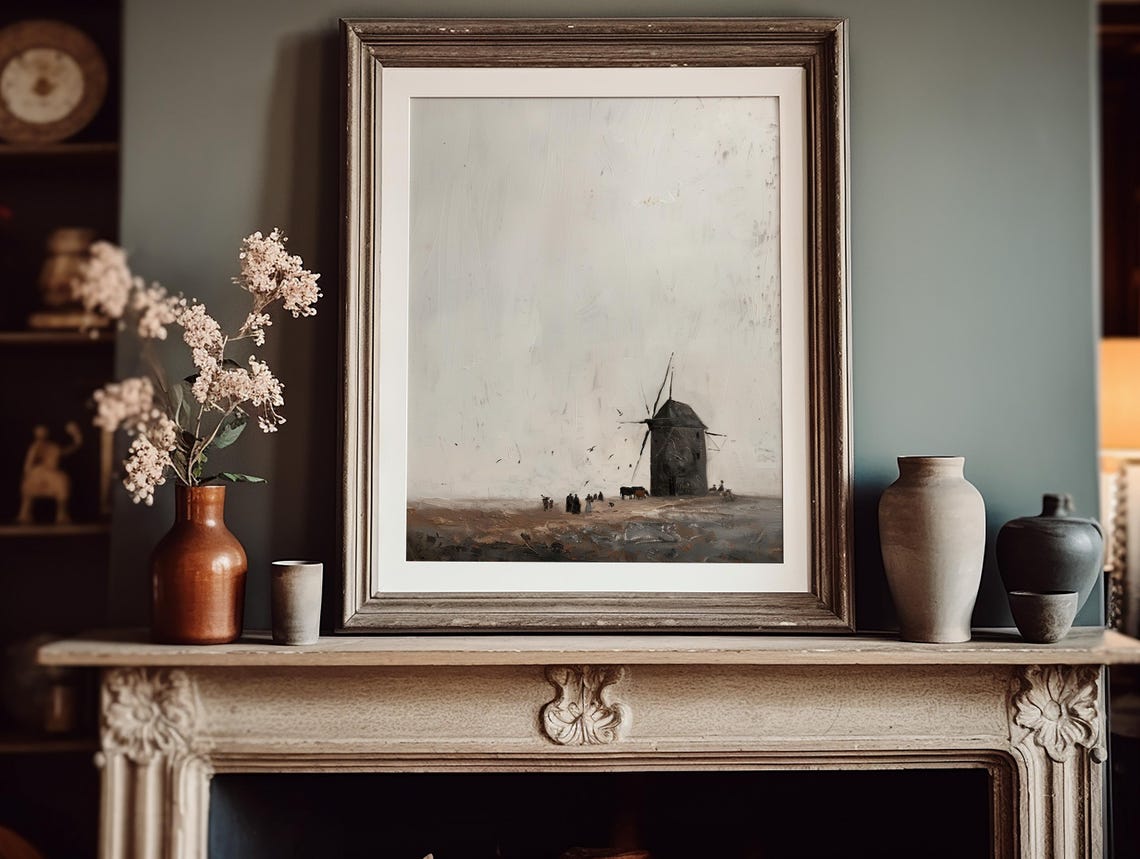 Lonely Windmill On Misty Moorland Minimalist Grey Painting Poster - Image 3