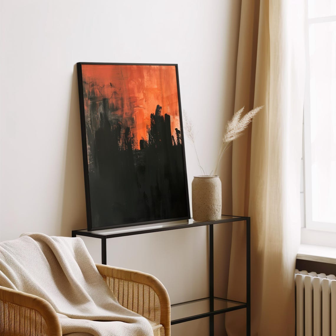 Abstract Black Crimson Silhouette Sunset Modern Painting Poster - Image 3