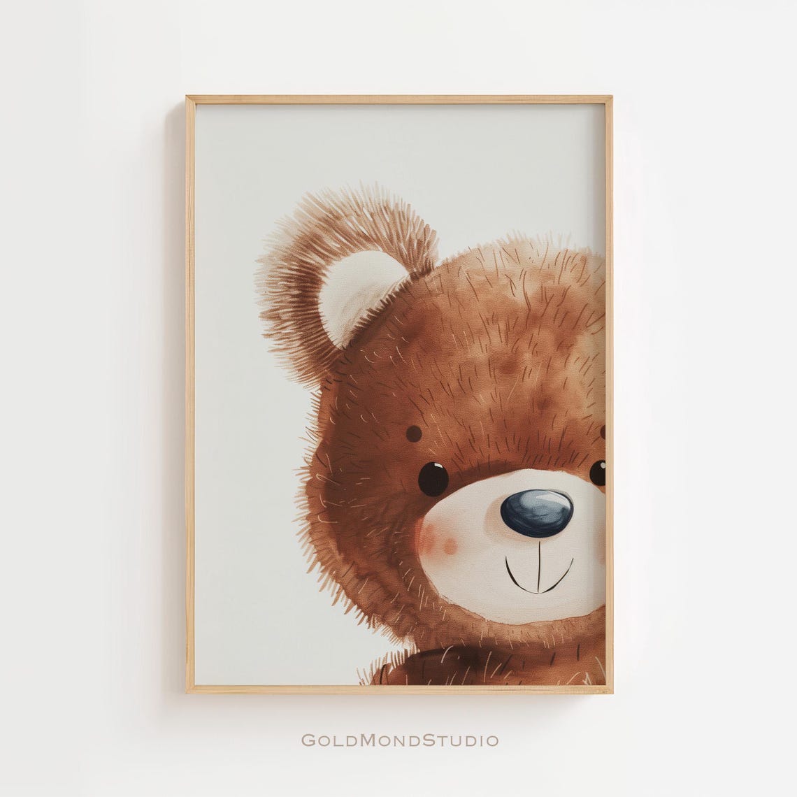 Cute Brown Teddy Bear Face in Soft Watercolor Nursery Art Poster