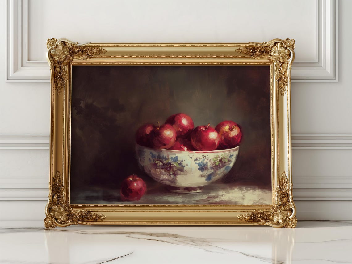 Red Apples Floral Porcelain Bowl Vintage Still Life Kitchen Poster - Image 2