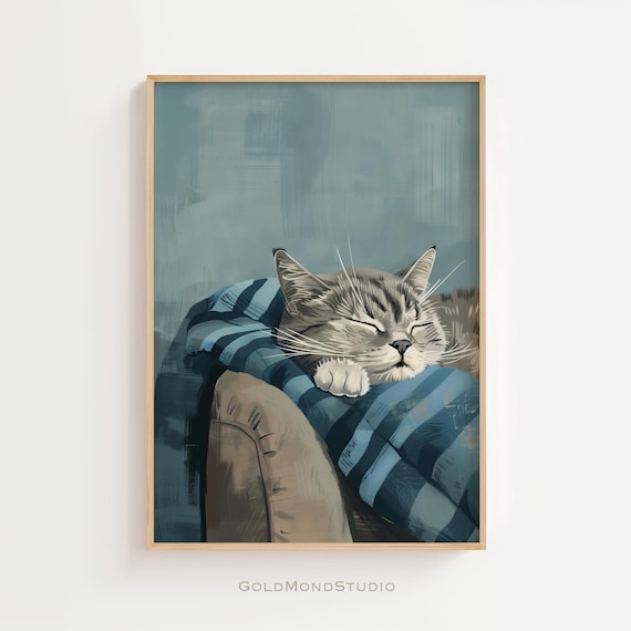 Sleeping Gray Cat Curled Up on a Blue Striped Blanket Poster