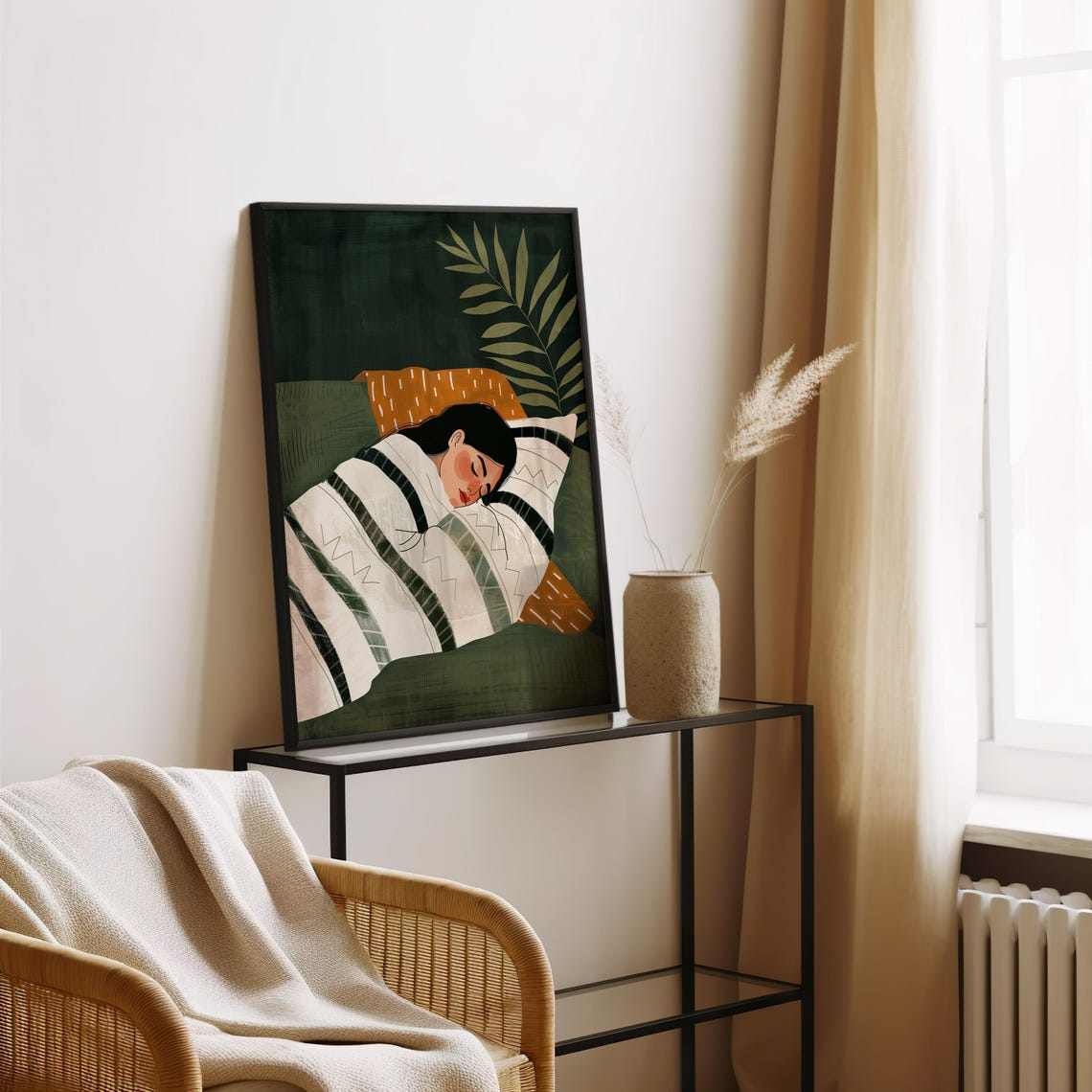 Sleeping Woman In Striped Top Among Dark Green Plants Poster - Image 2