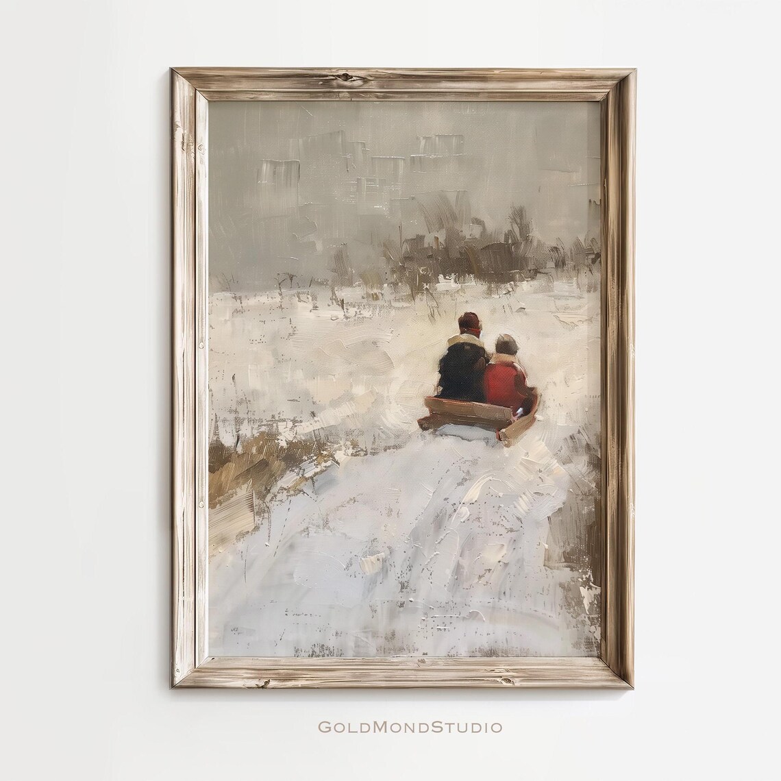 Two Children On Wooden Sled Crossing Snowy Field Vintage Poster
