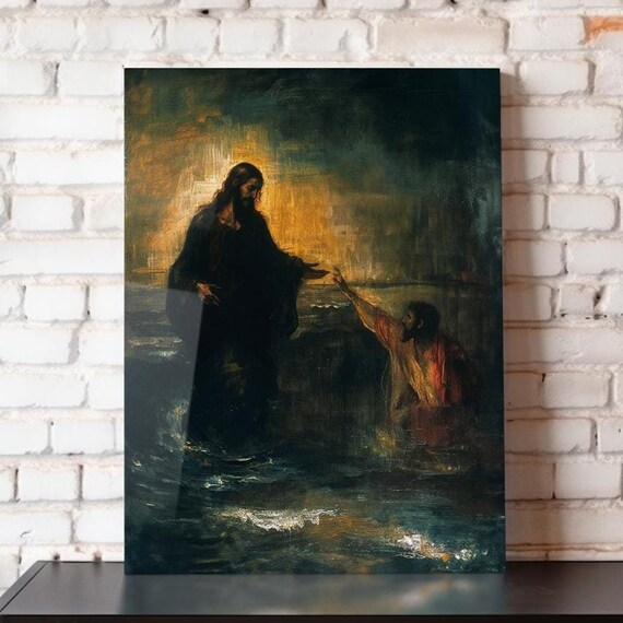 Jesus Walking On Water Reaching Hand To Peter Oil Painting Faith Poster