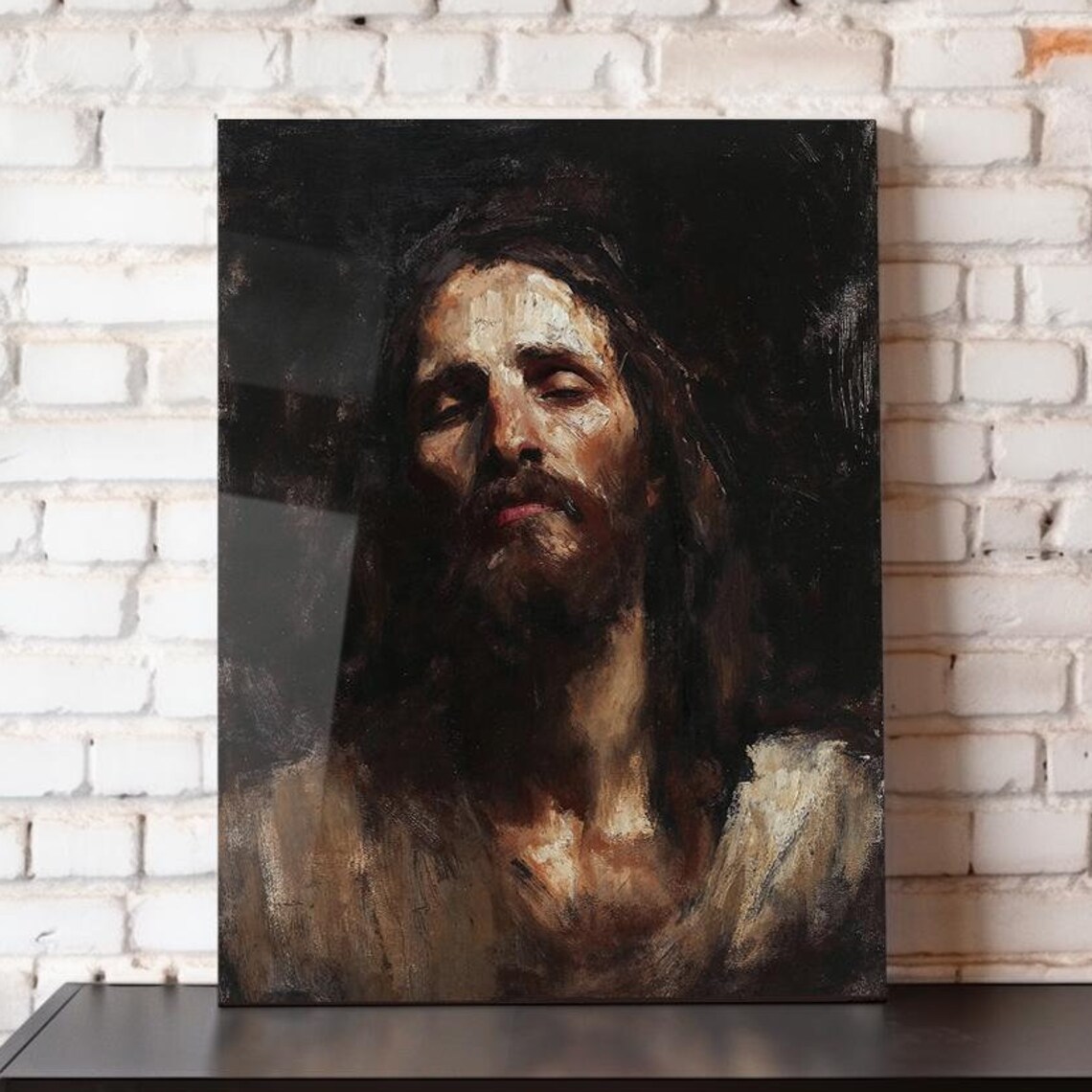 Jesus Christ Dark Oil Portrait Closed Eyes Suffering Religious Art Poster