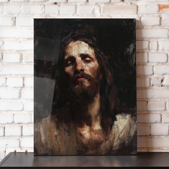 Jesus Christ Dark Oil Portrait Closed Eyes Suffering Religious Art Poster
