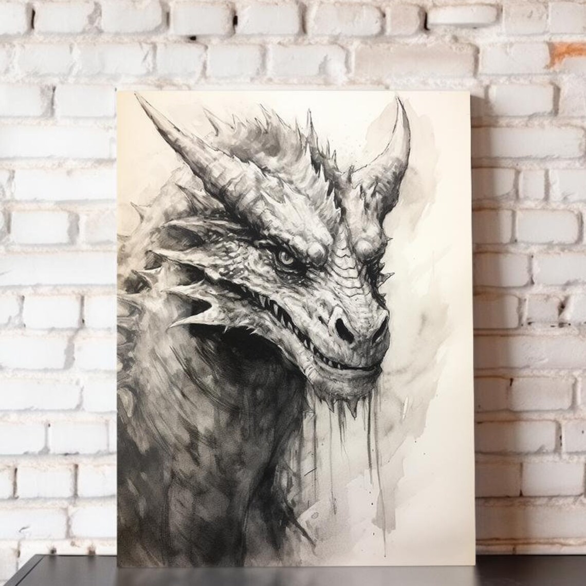 Dragon Head Profile Monochrome Ink Sketch Fantasy Wall Art Poster