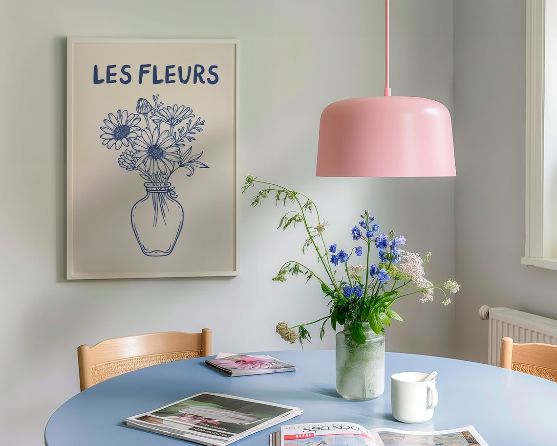 Les Fleurs Navy Daisy Bouquet in Small Glass Vase Line Art Poster - Image 3