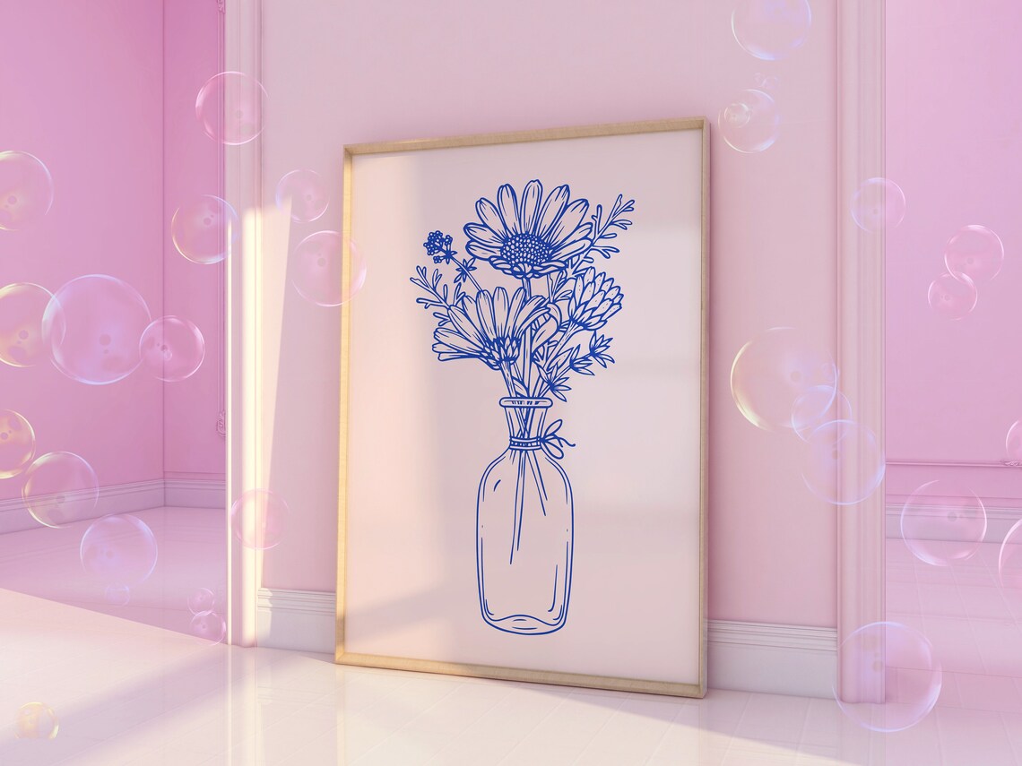 Blue Line Art Wildflower Bouquet In Glass Vase Botanical Print - Image 3