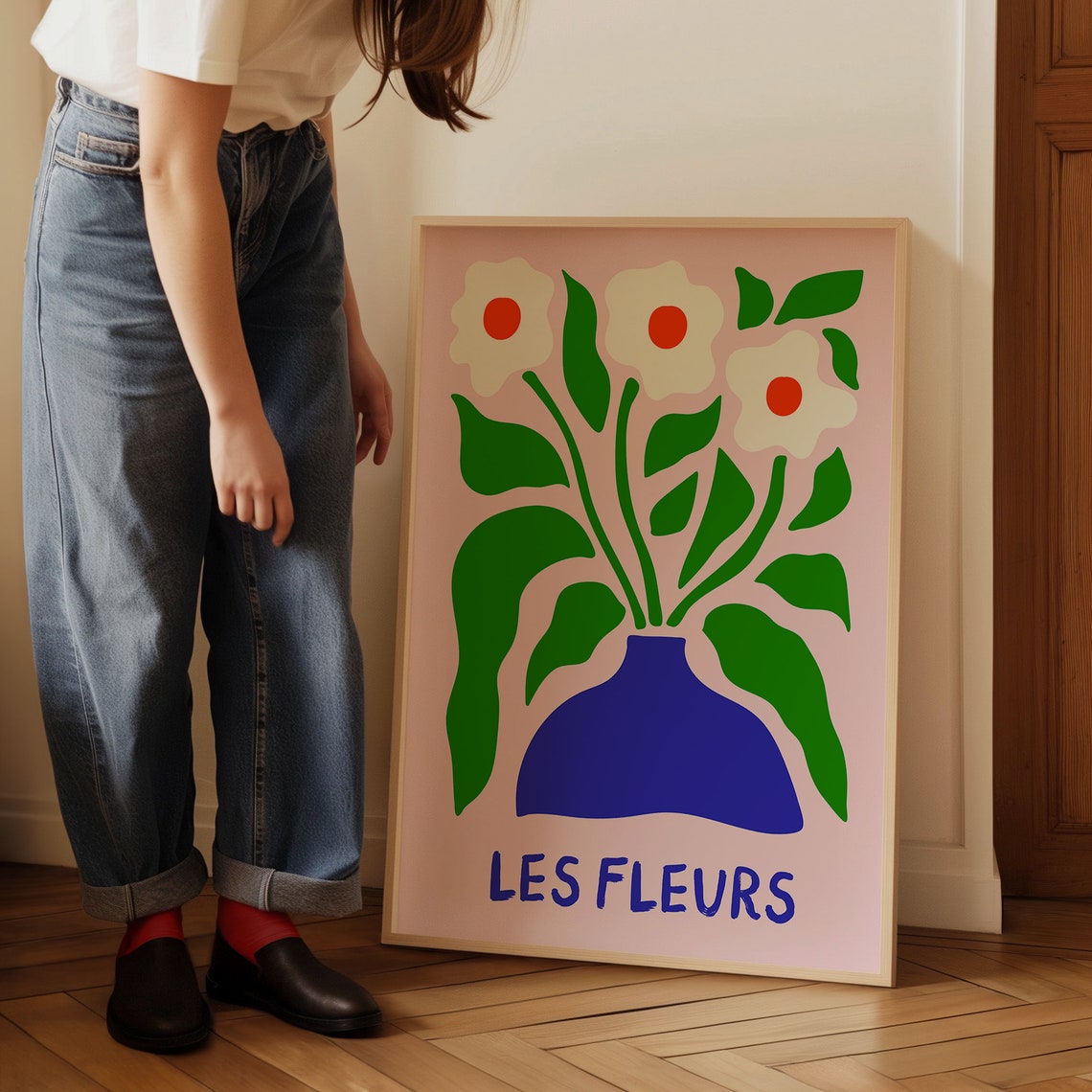 Les Fleurs Bold Modern Floral Bouquet in Blue Vase Pink Print - Image 4