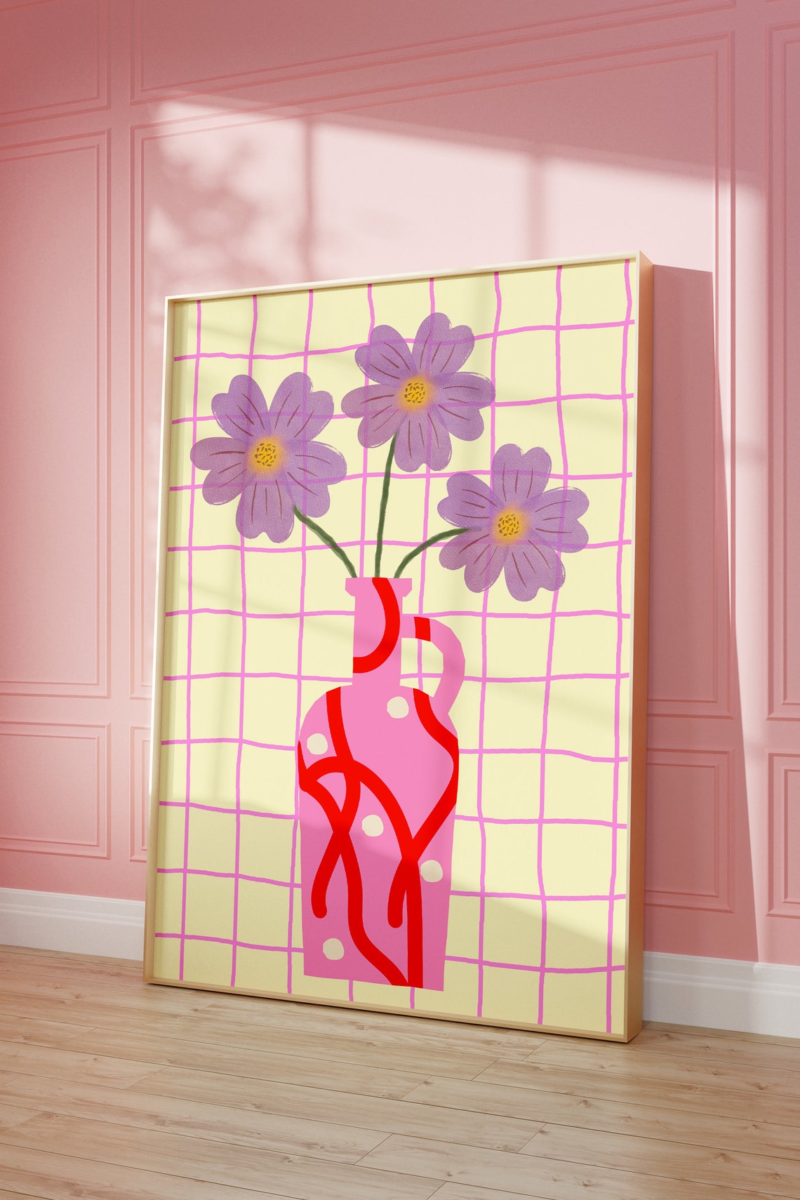 Purple Cosmos Flowers in Pink Patterned Jug on Pastel Grid Poster - Image 4