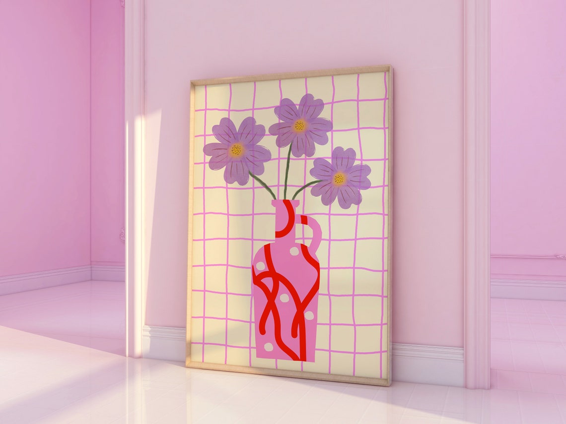 Purple Cosmos Flowers in Pink Patterned Jug on Pastel Grid Poster - Image 3