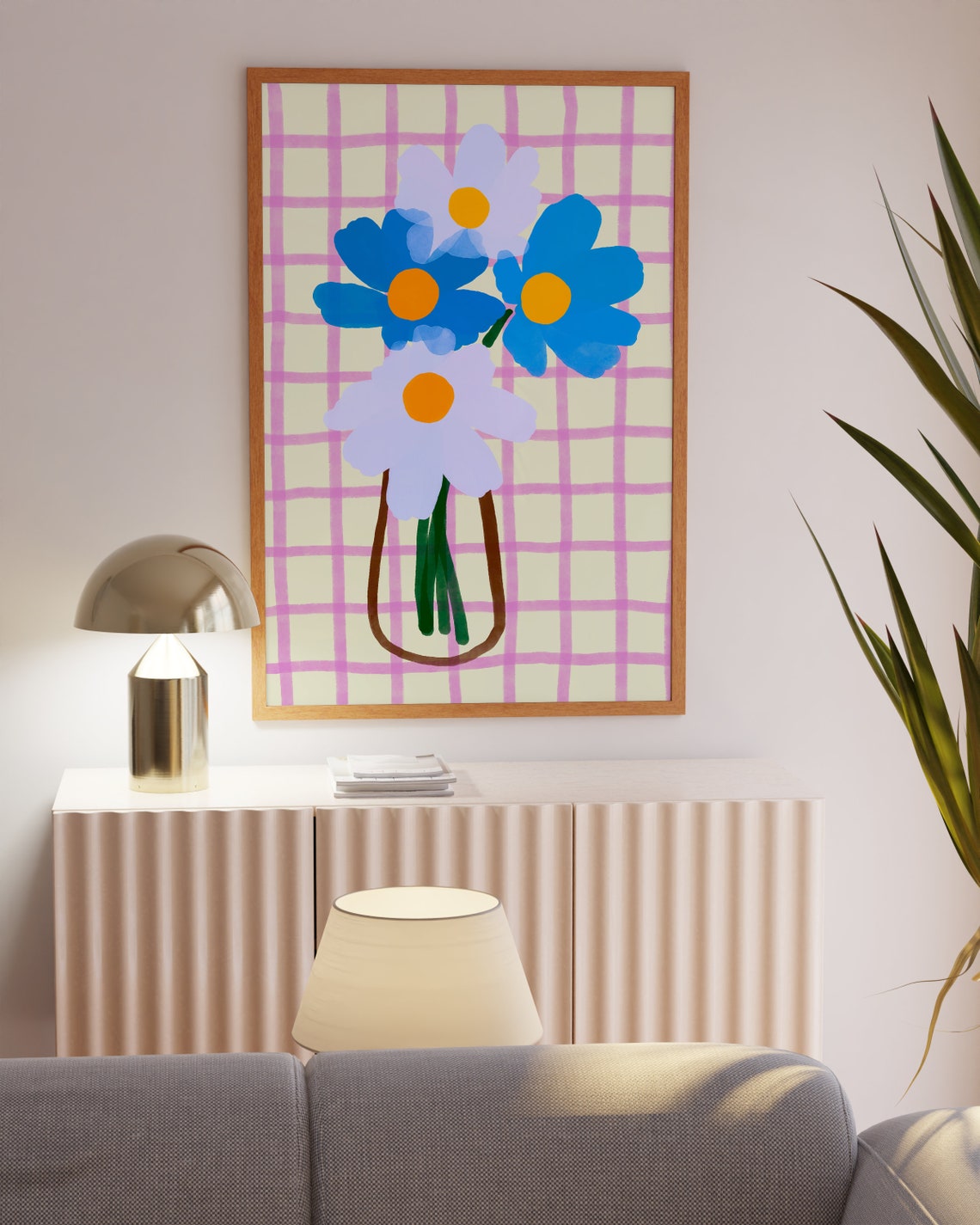 Blue and Purple Daisies in Vase on Pink Gingham Grid Floral Poster - Image 4