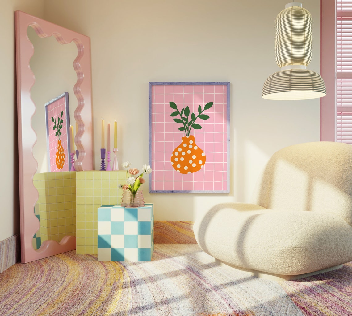 Orange Polka Dot Flower Vase Green Stems Pink Grid Art Print - Image 4