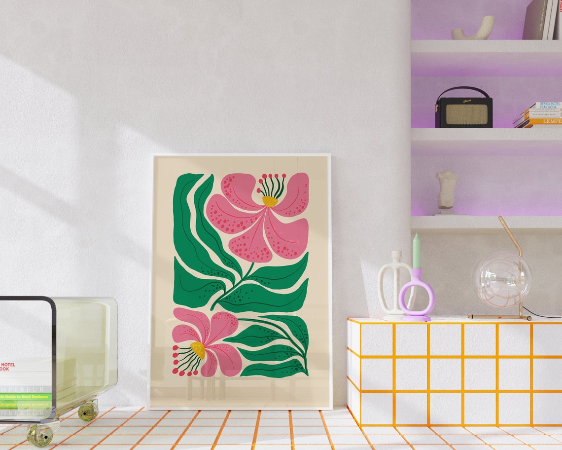 Pink Retro Floral Abstract Botanical Blossom Flower Wall Art - Image 3