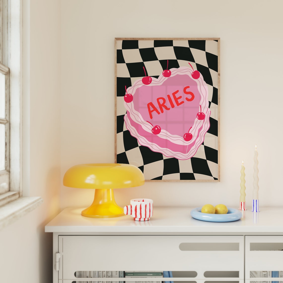 Aries Pink Heart Cake Cherry On Black Checkerboard Zodiac Poster - Image 5