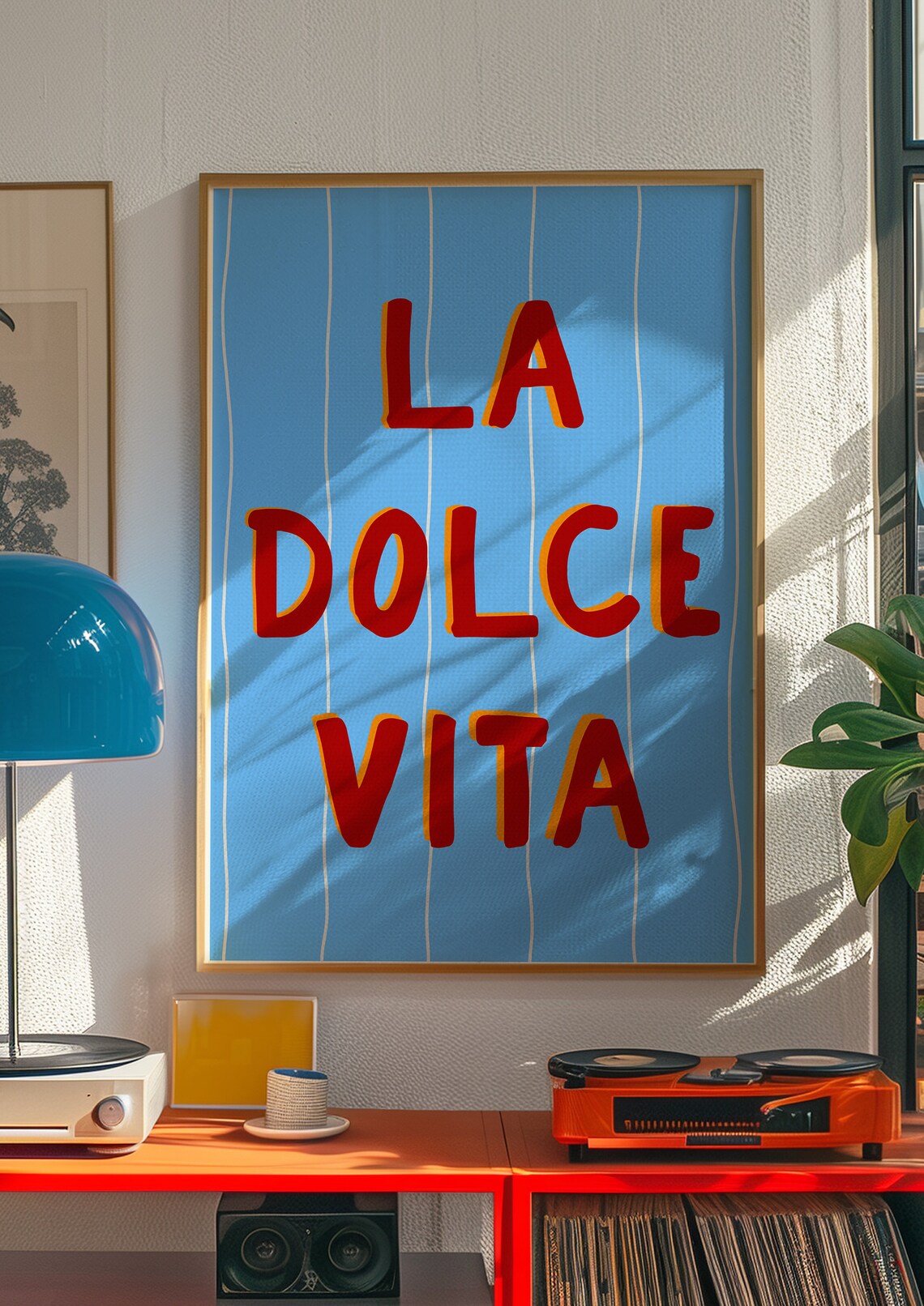 La Dolce Vita Red Lettering on Blue Striped Italian Quote Poster - Image 3