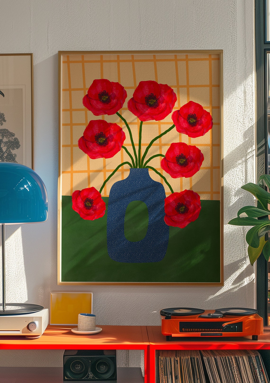 Red Poppies in Blue Dotted Vase on Orange Grid Floral Poster - Image 2