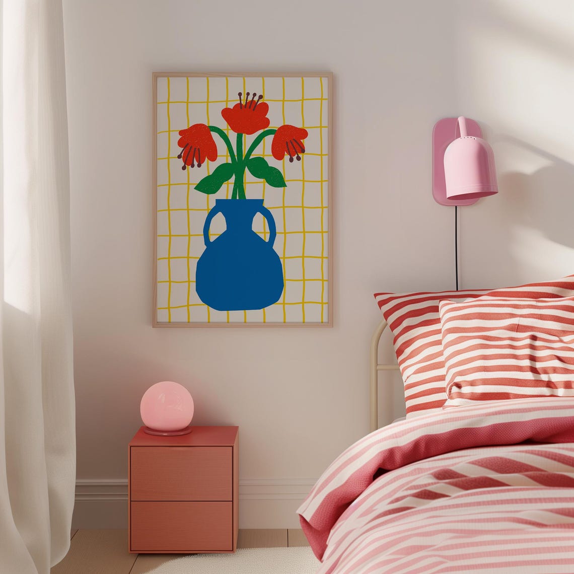 Red Poppies in Blue Vase Yellow Grid Retro Botanical Wall Poster - Image 2
