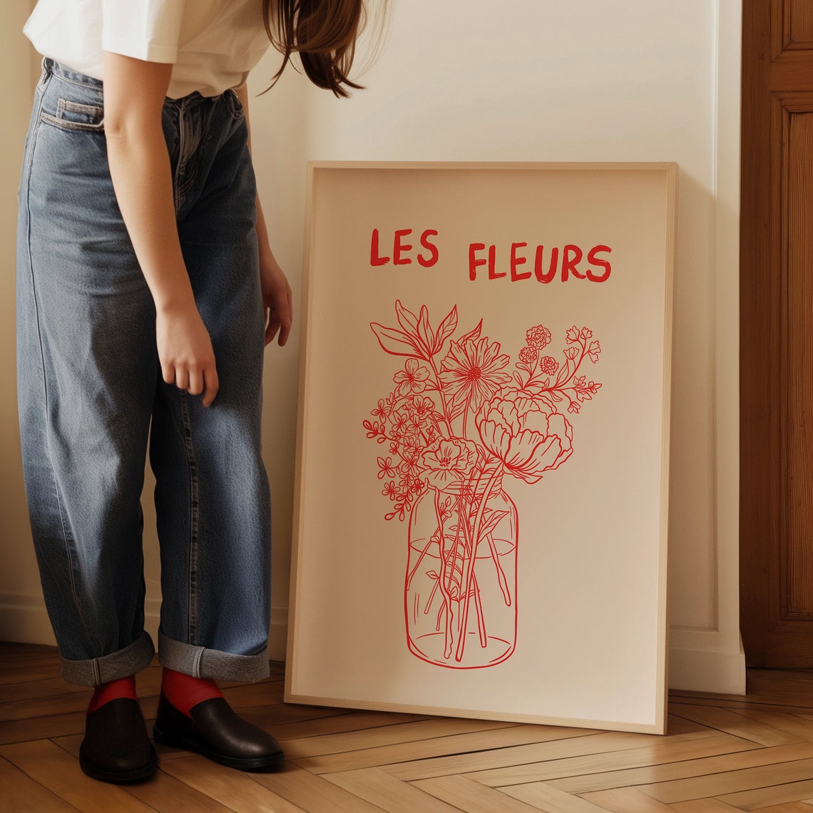 Les Fleurs Red Wildflower Bouquet in Mason Jar Line Art Poster - Image 4