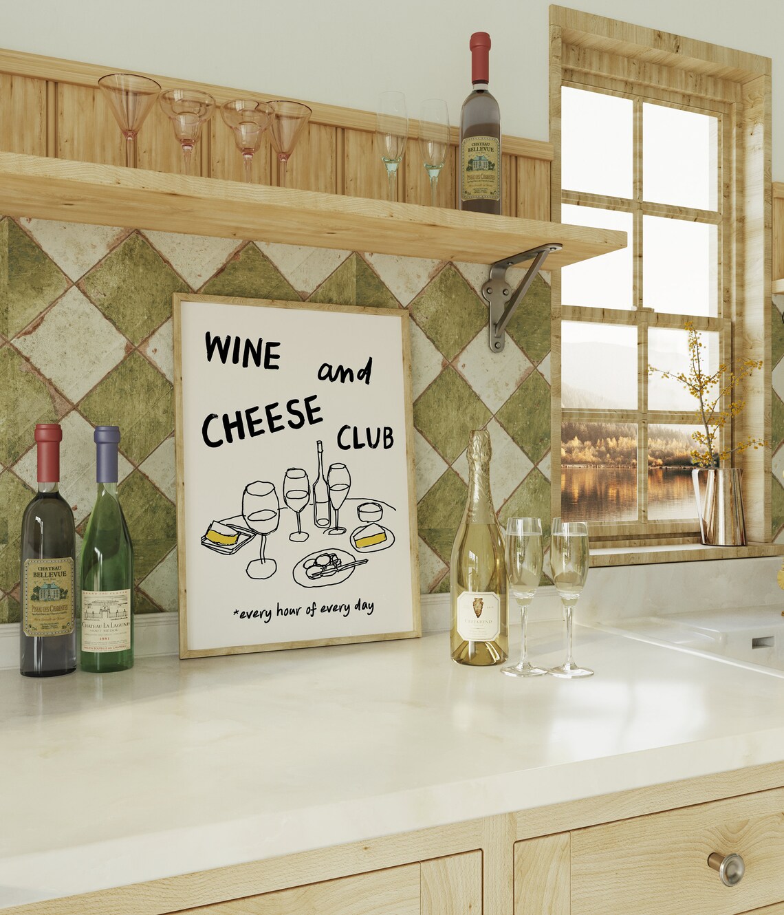Wine And Cheese Club Funny Line Art Every Hour Quote Art Print - Image 5