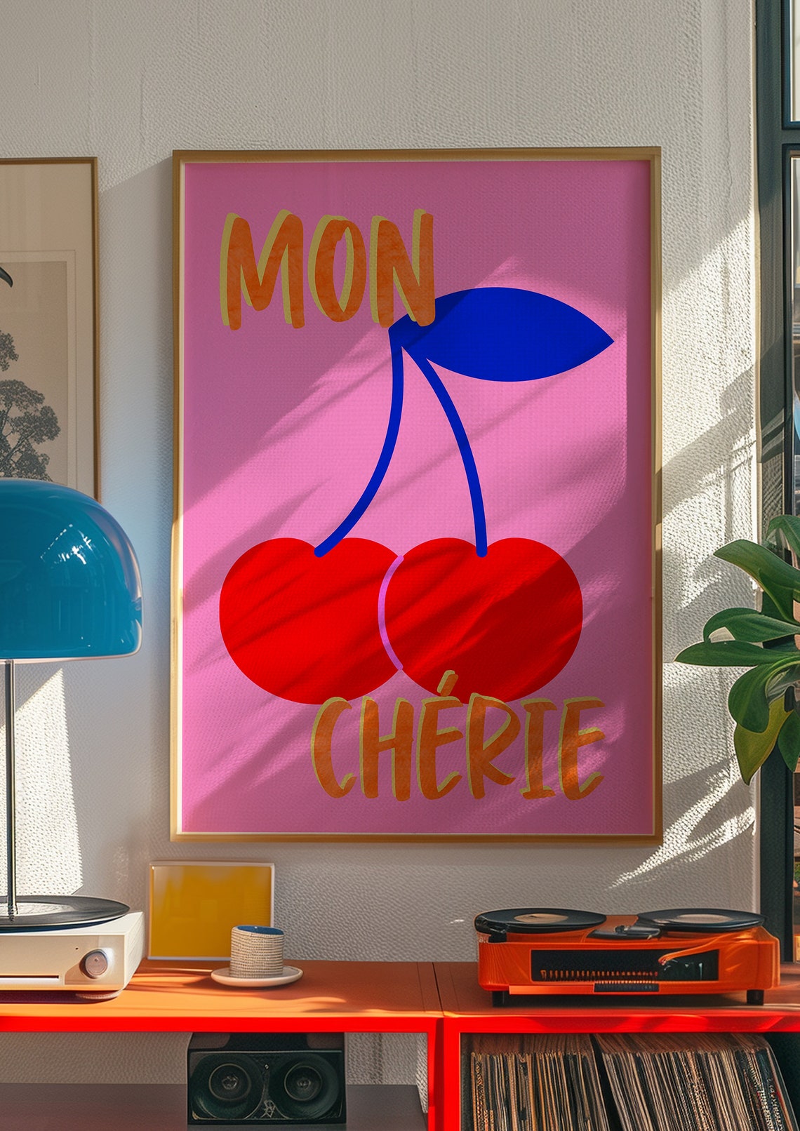 Mon Cherie Red Cherry Pair Illustration on Bold Hot Pink Print - Image 2