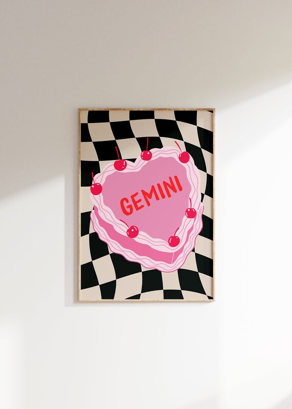 Gemini Zodiac Sign Pink Heart Cake with Cherries Checkerboard Poster