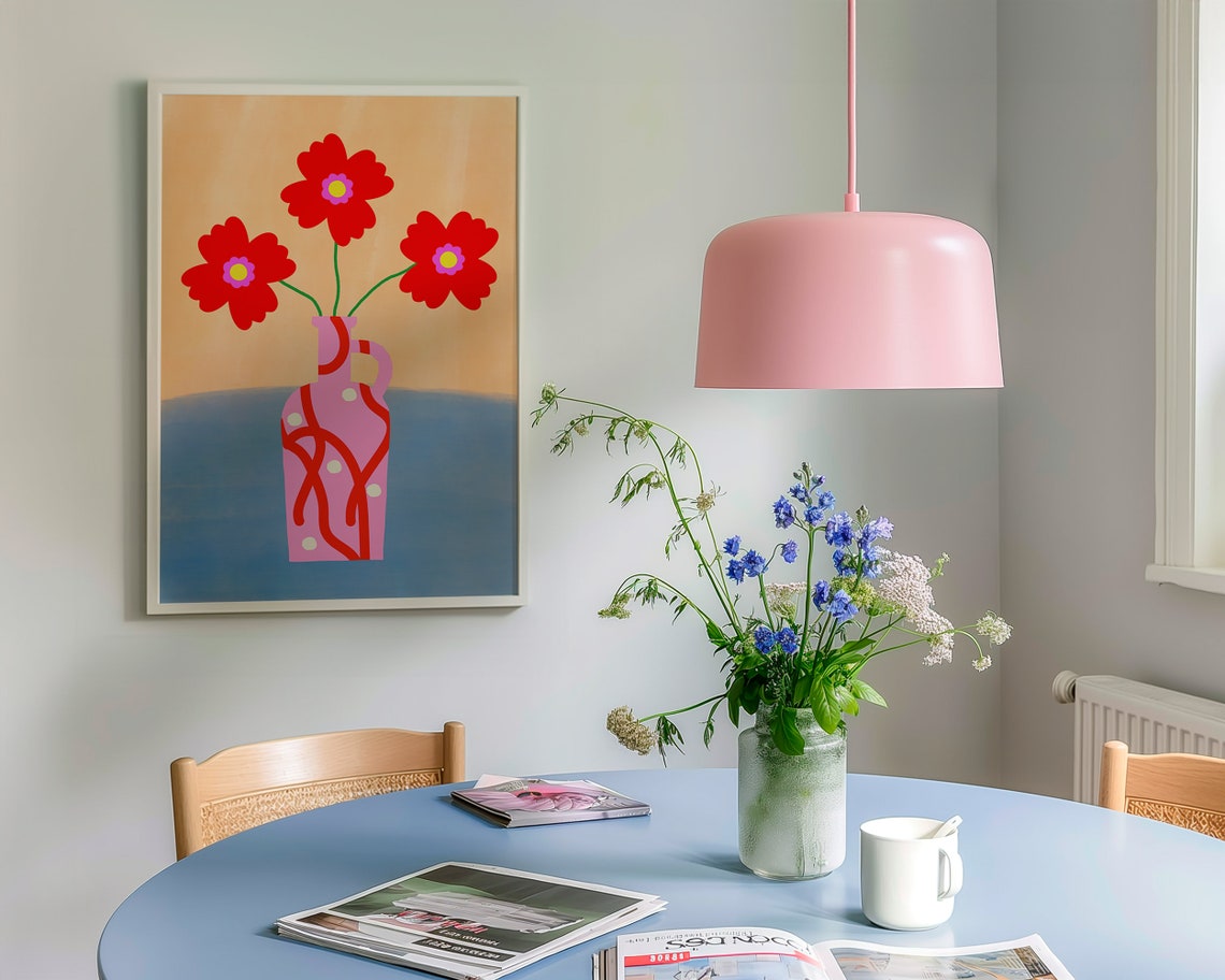 Red Cosmos Flowers in Pink Patterned Vase on Orange Blue Poster - Image 3